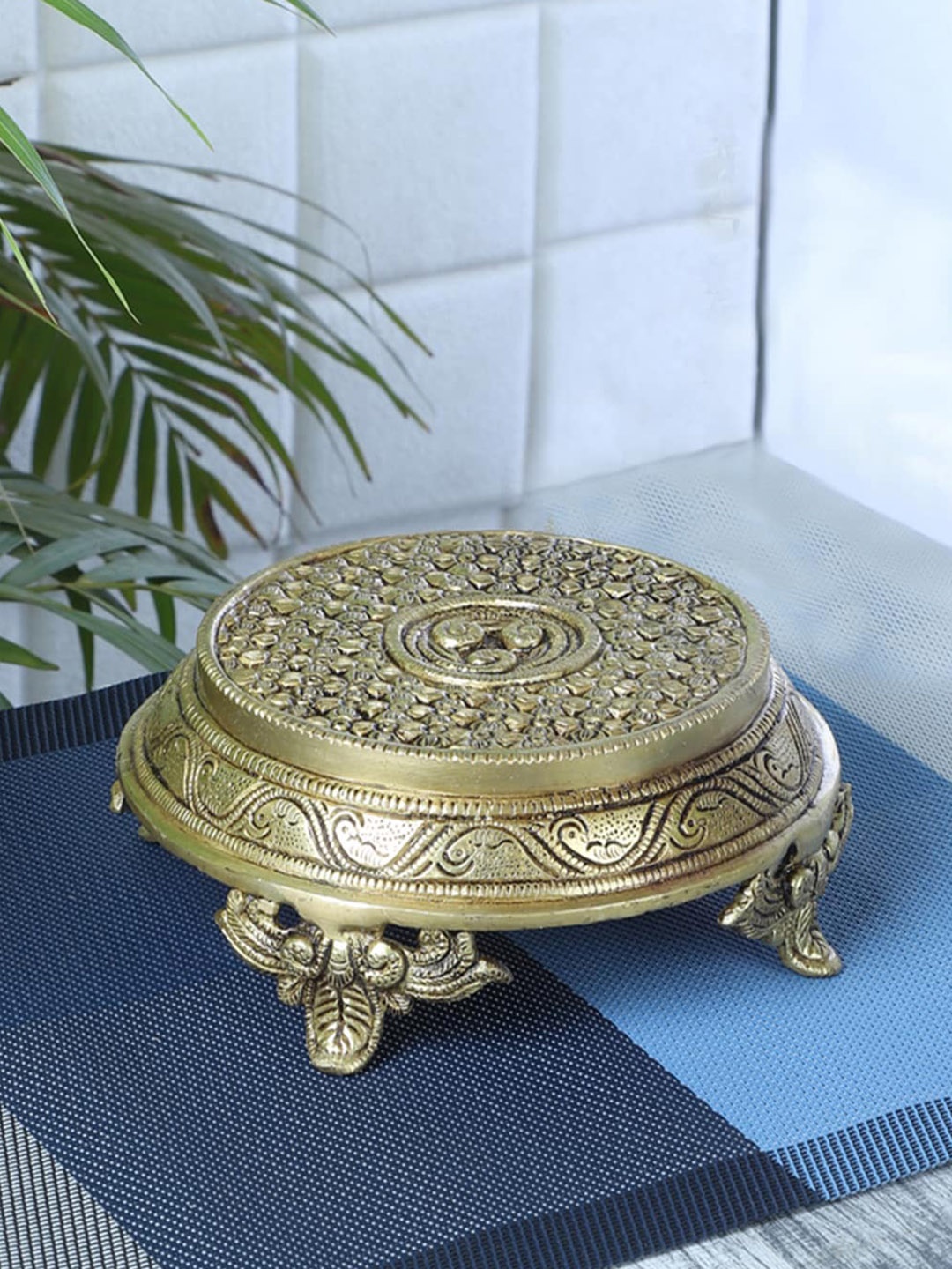 

Two Moustaches Ethnic Indian Handcrafted Round Brass Chowki, Gold