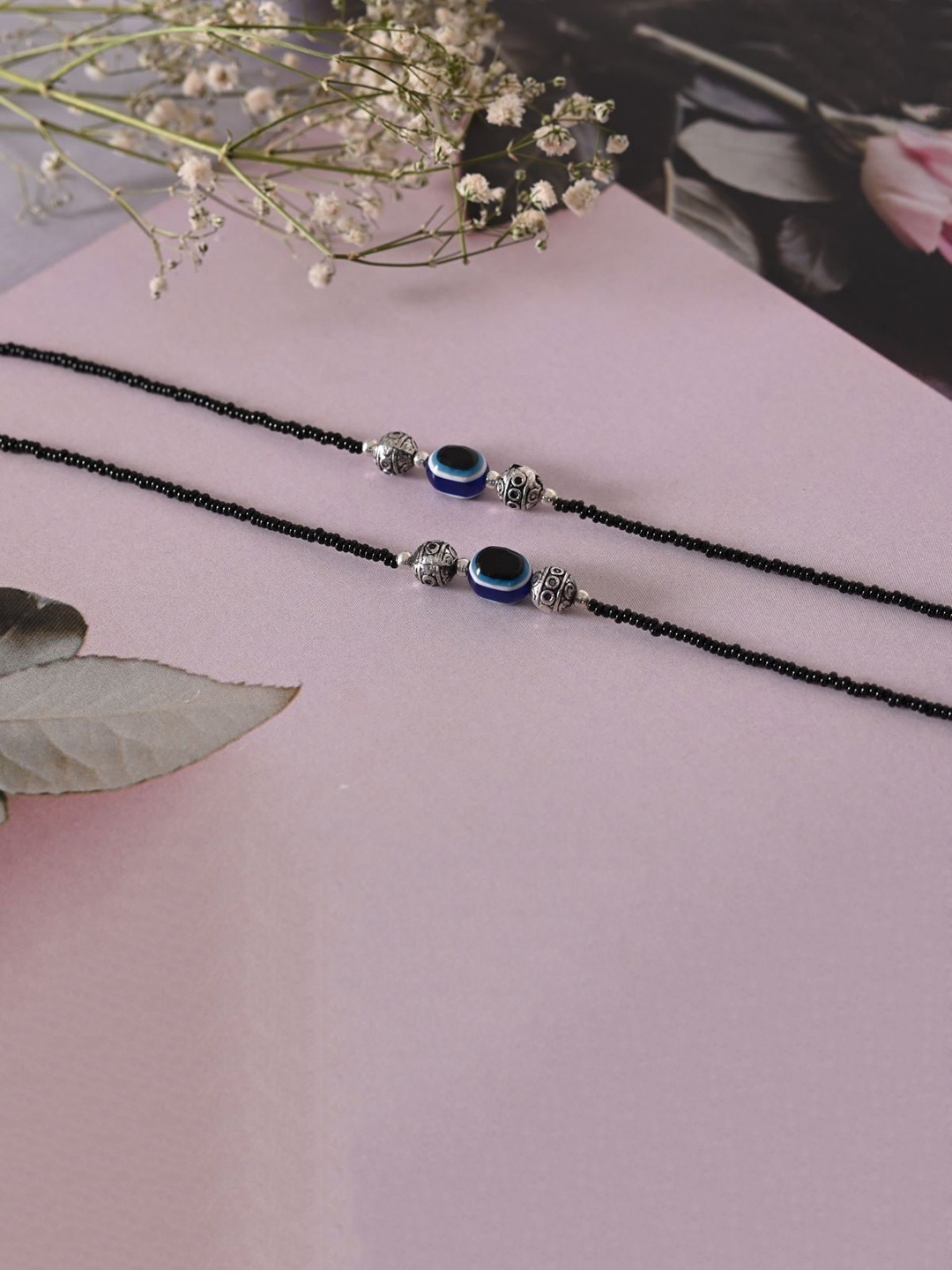 

NVR Brass-Plated Stone-Studded & Evil Eye Beaded Anklet, Black