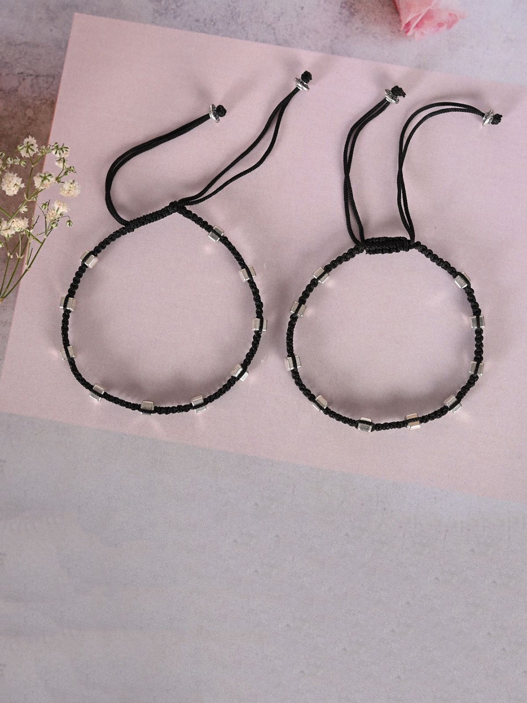 

NVR Silver-Plated Stone-Studded & Beaded Anklet, Black