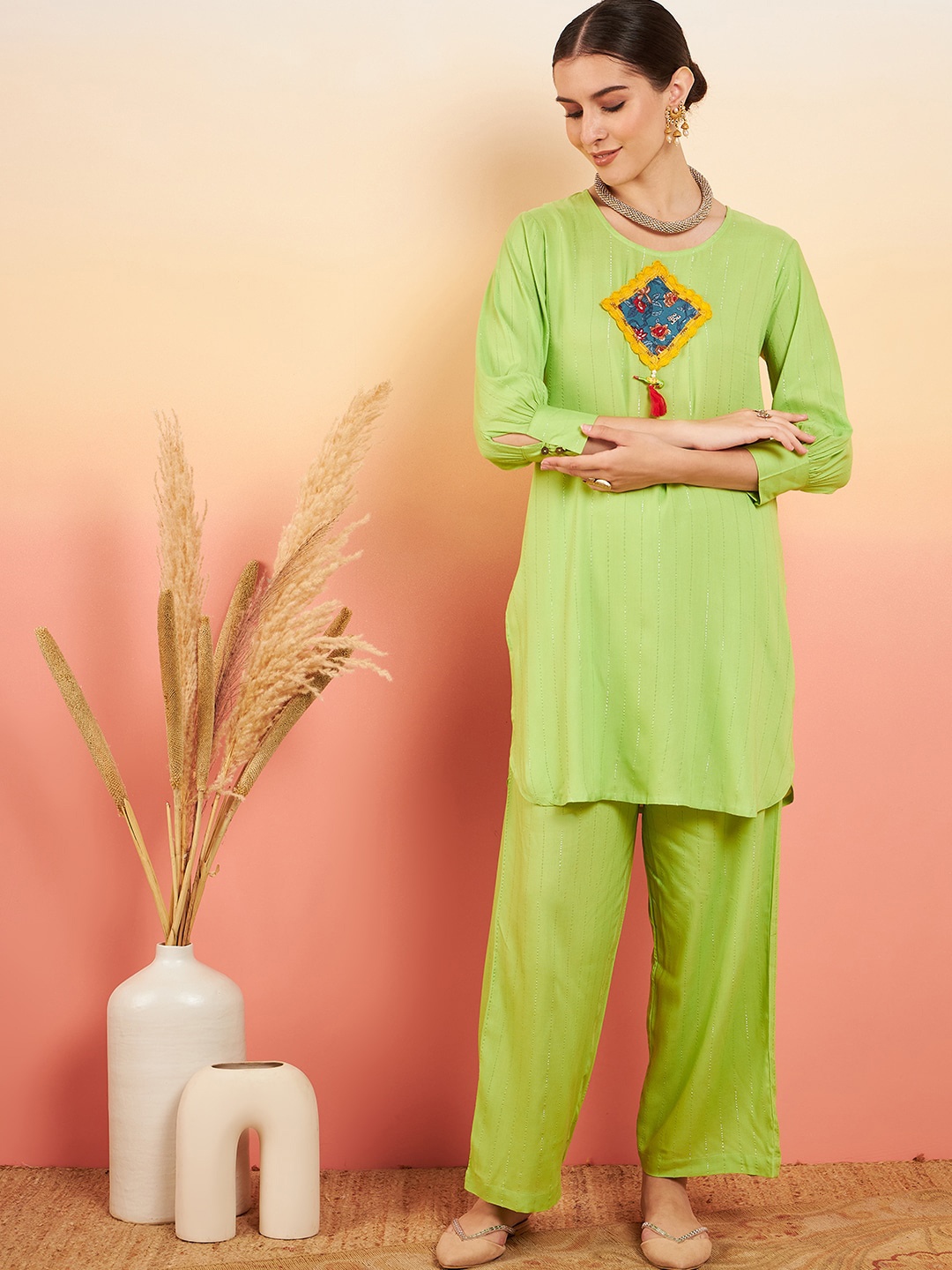 

Sangria A-Line Kurta With Palazzo, Lime green