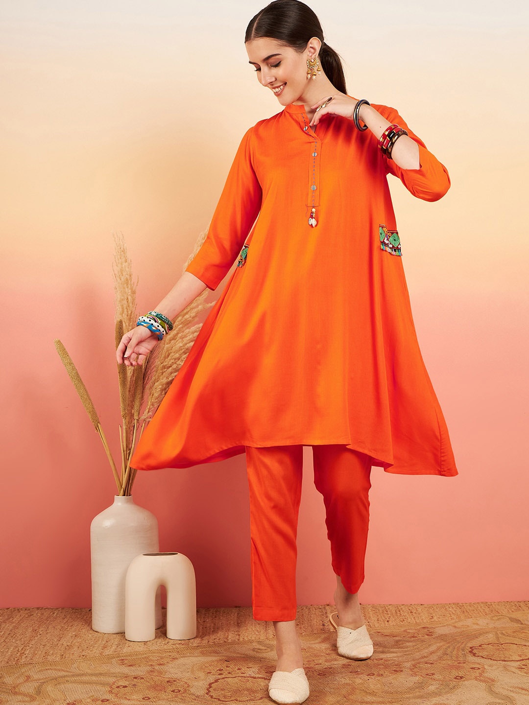 

Sangria A-Line Kurta With Trouser Set, Orange