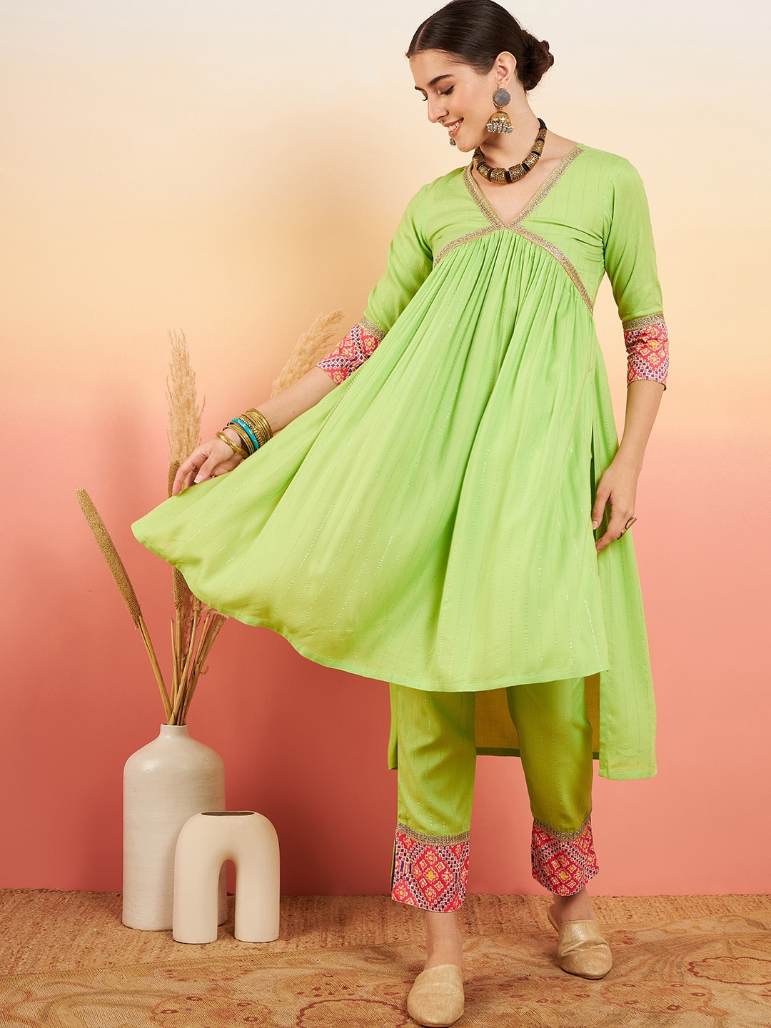

Sangria A Line Flared Kurta Set, Lime green