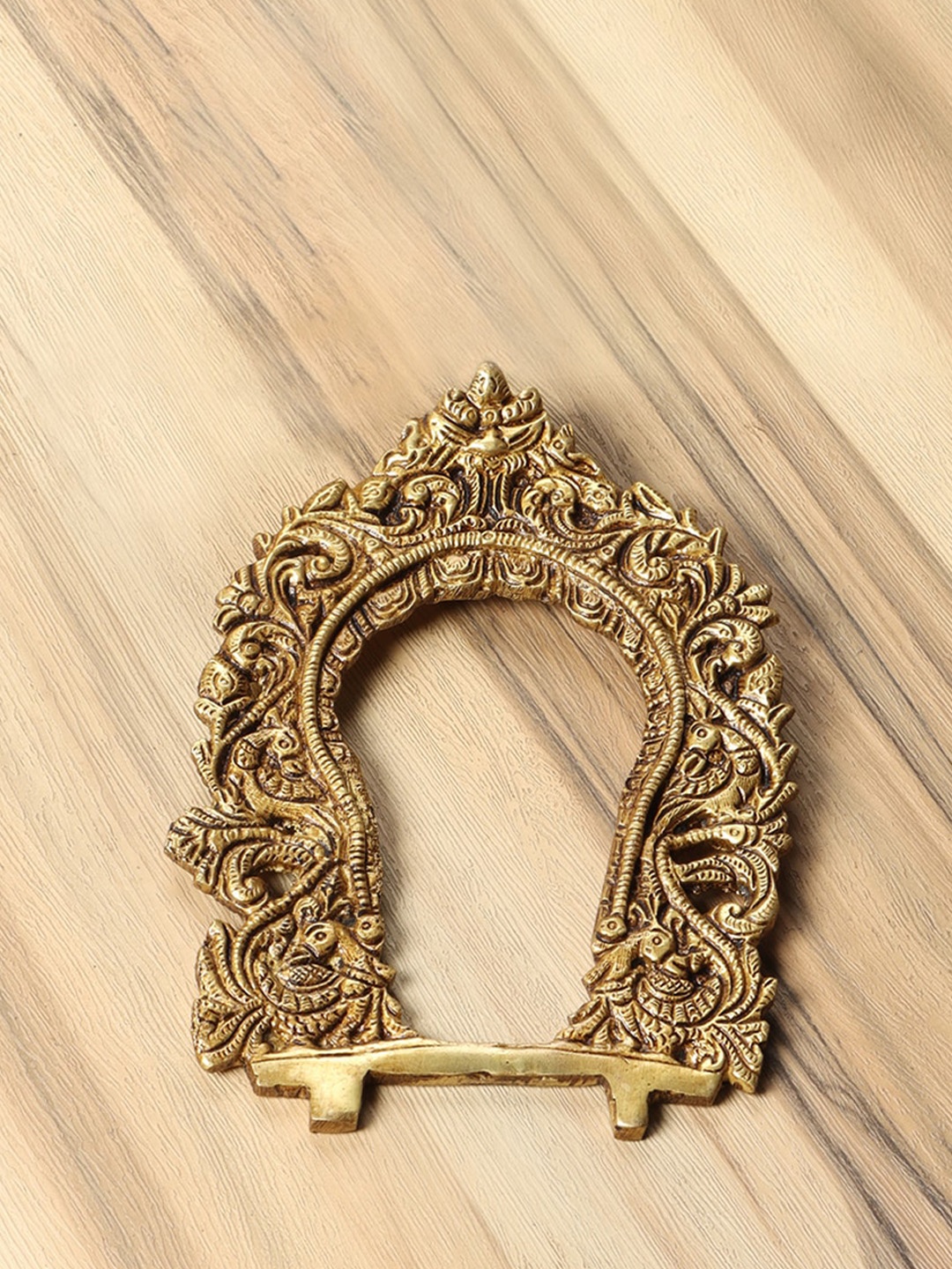 

Two Moustaches Yellow Ethnic Carved Peacock Design Prabhavali Frame Brass Wall Hanging, Gold