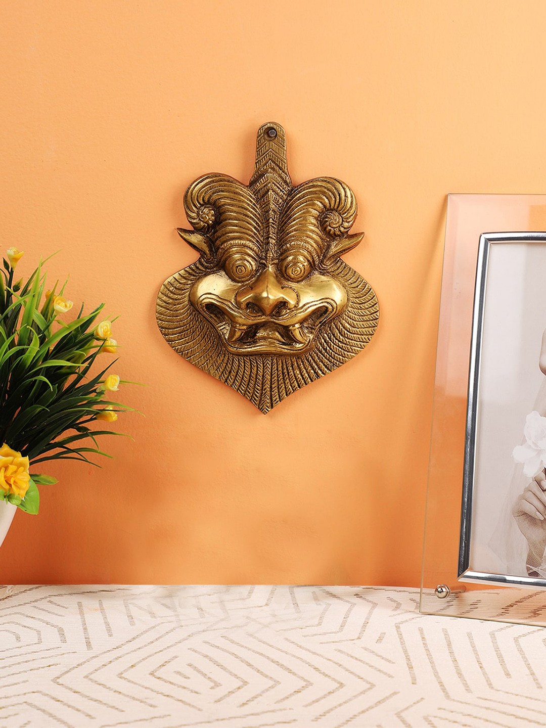 

Two Moustaches Yellow Yali Hanging Brass Wall Mask Decor, Gold
