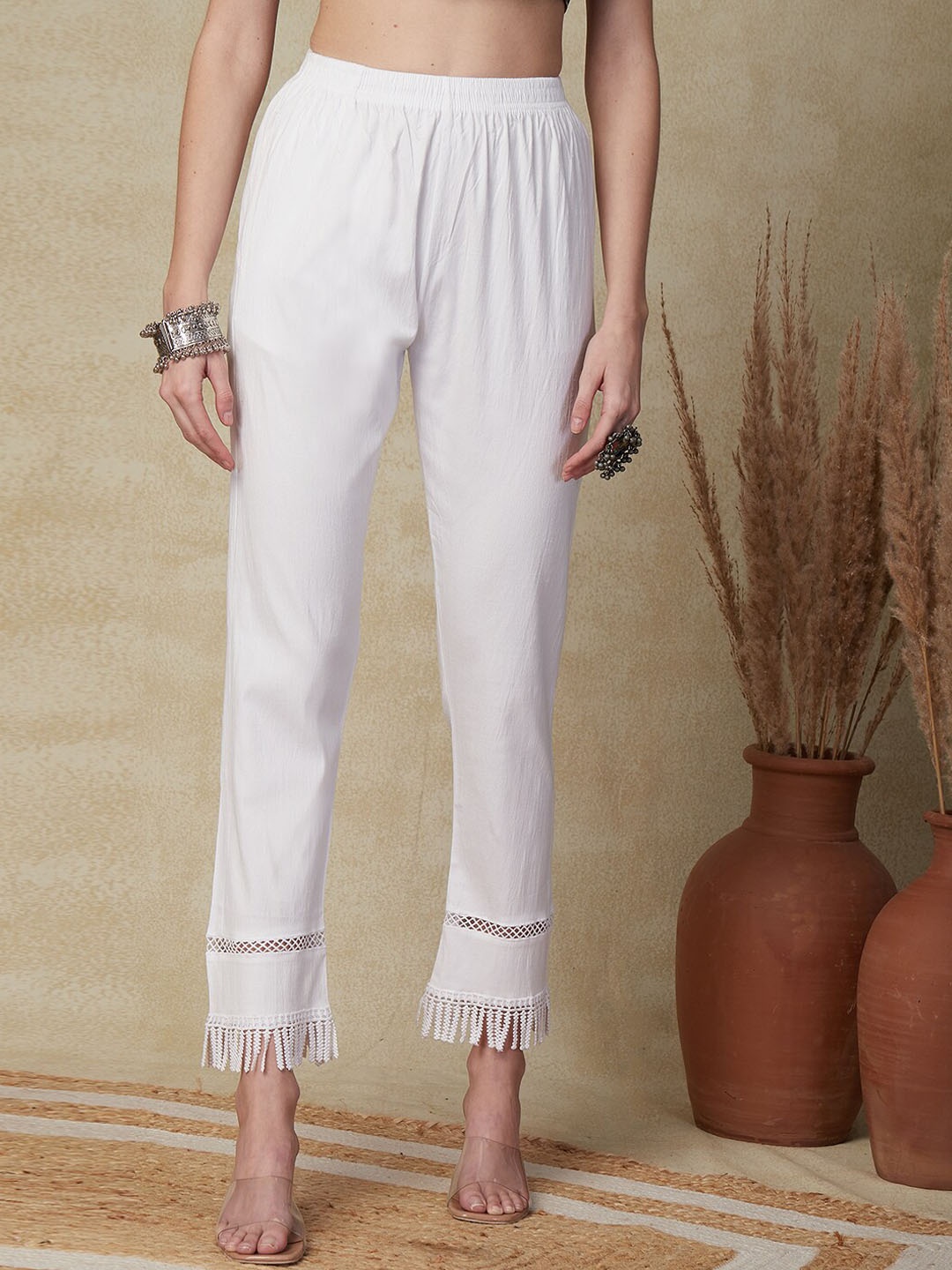

FASHOR Women Comfort Fit Pleated Regular Trousers, White