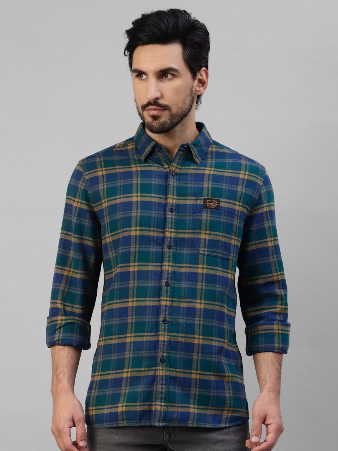 

Royal Enfield Tartan Checked Twill Pure Cotton Casual Shirt, Blue
