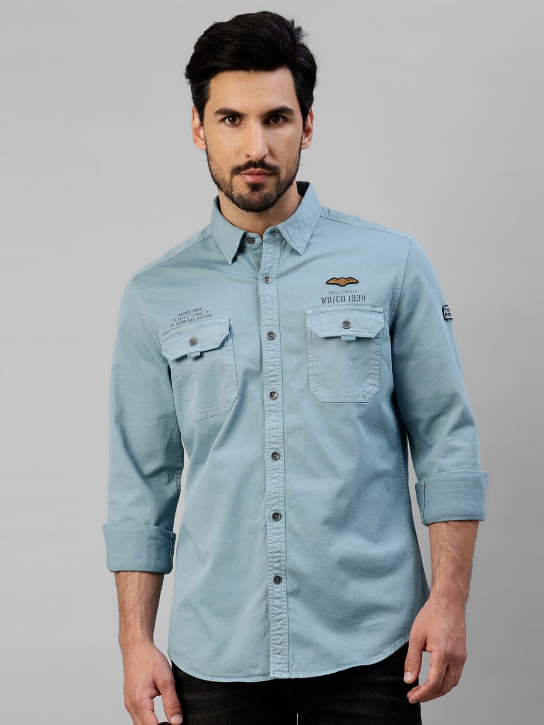 

Royal Enfield Spread Collar Long Sleeves Casual Shirt, Blue