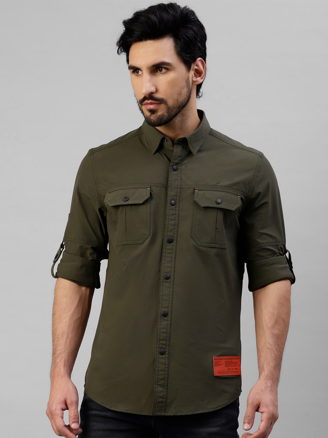 

Royal Enfield Slim Fit Roll-Up Sleeves Casual Shirt, Olive