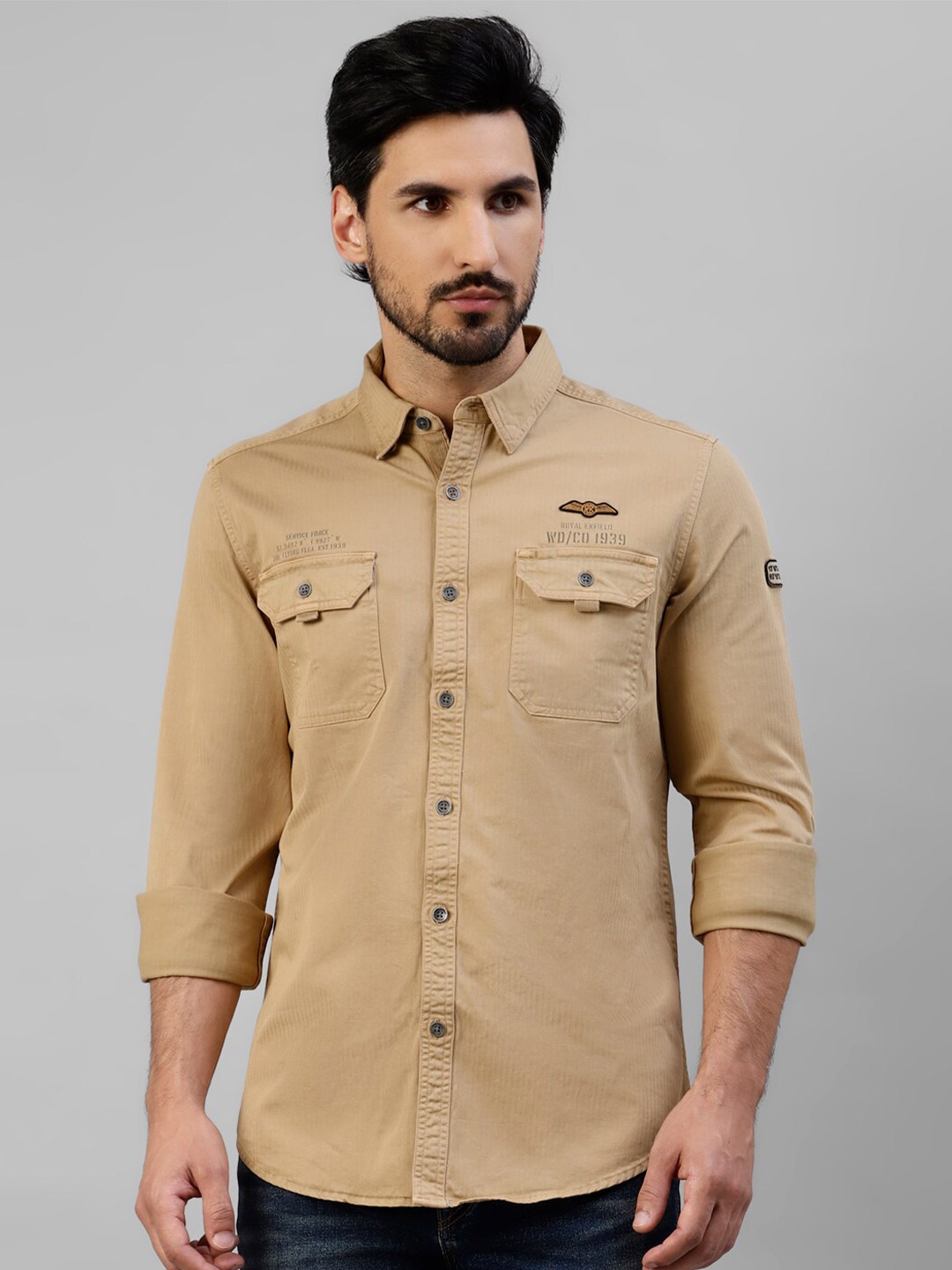 

Royal Enfield Spread Collar Slim Fit Casual Shirt, Brown