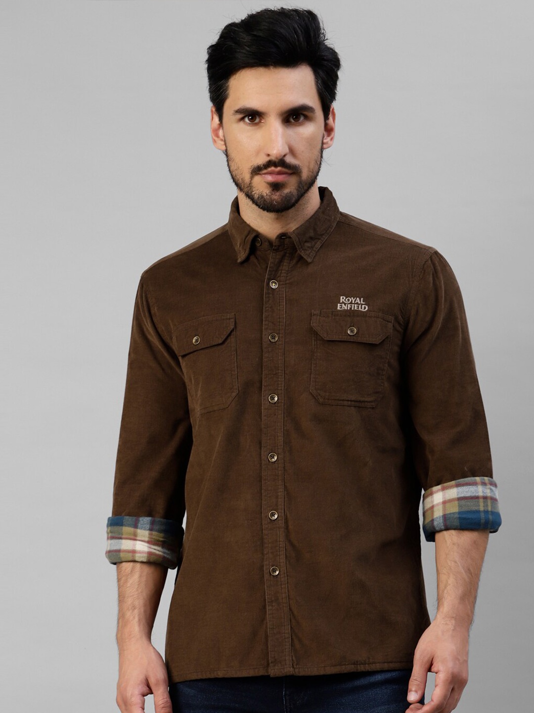 

Royal Enfield Spread Collar Corduroy Cotton Casual Shirt, Brown