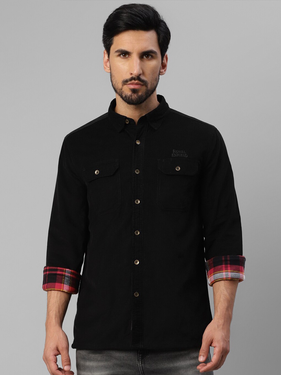 

Royal Enfield Spread Collar Corduroy Pure Cotton Casual Shirt, Black