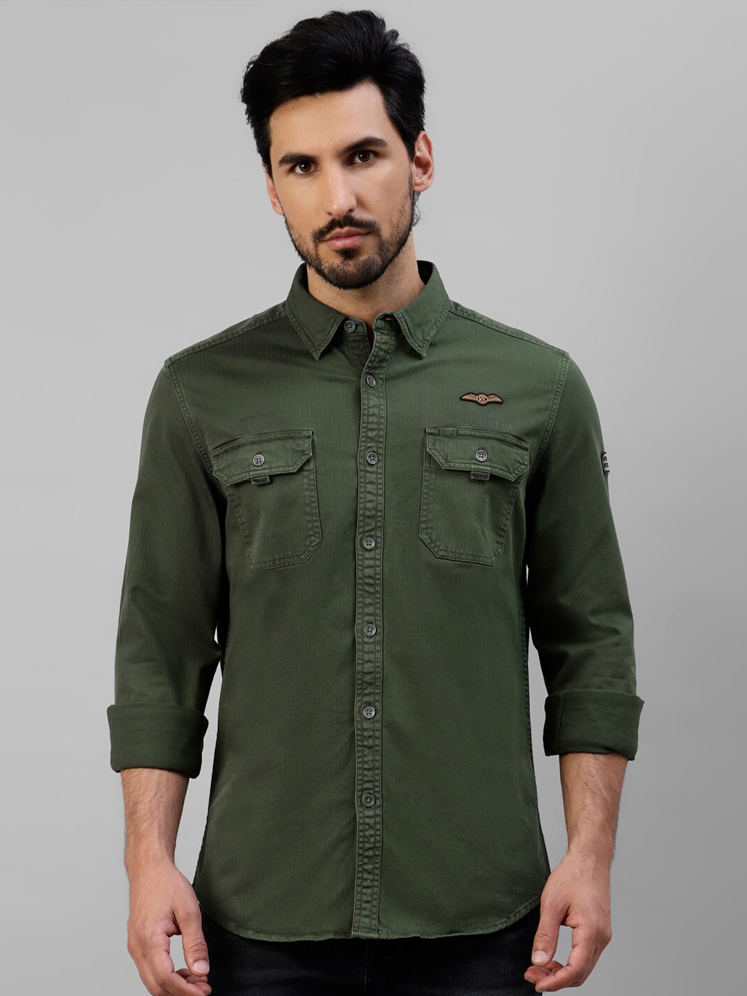 

Royal Enfield Spread Collar Long Sleeves Casual Shirt, Green