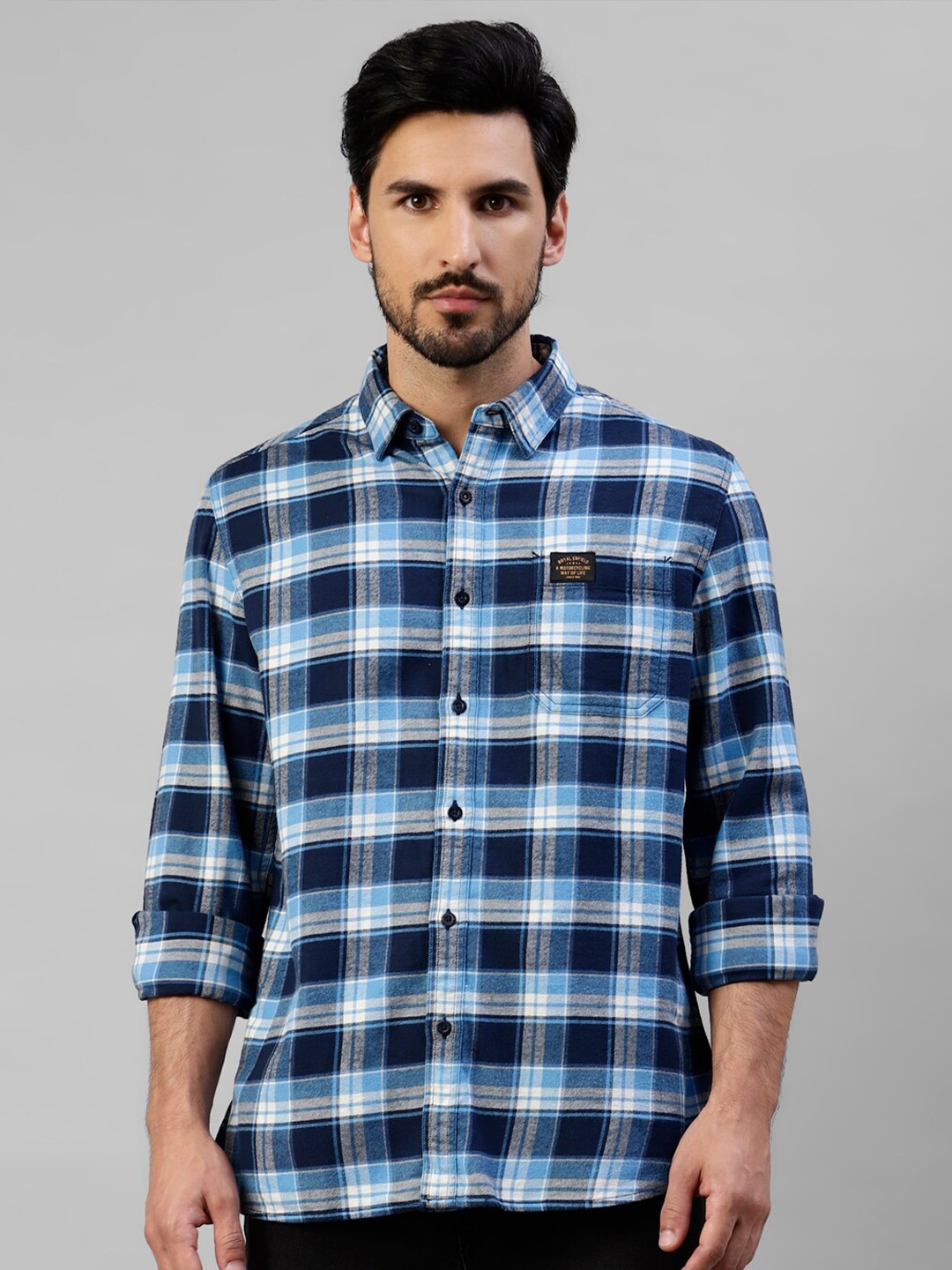 

Royal Enfield Tartan Checks Pure Cotton Casual Shirt, Blue