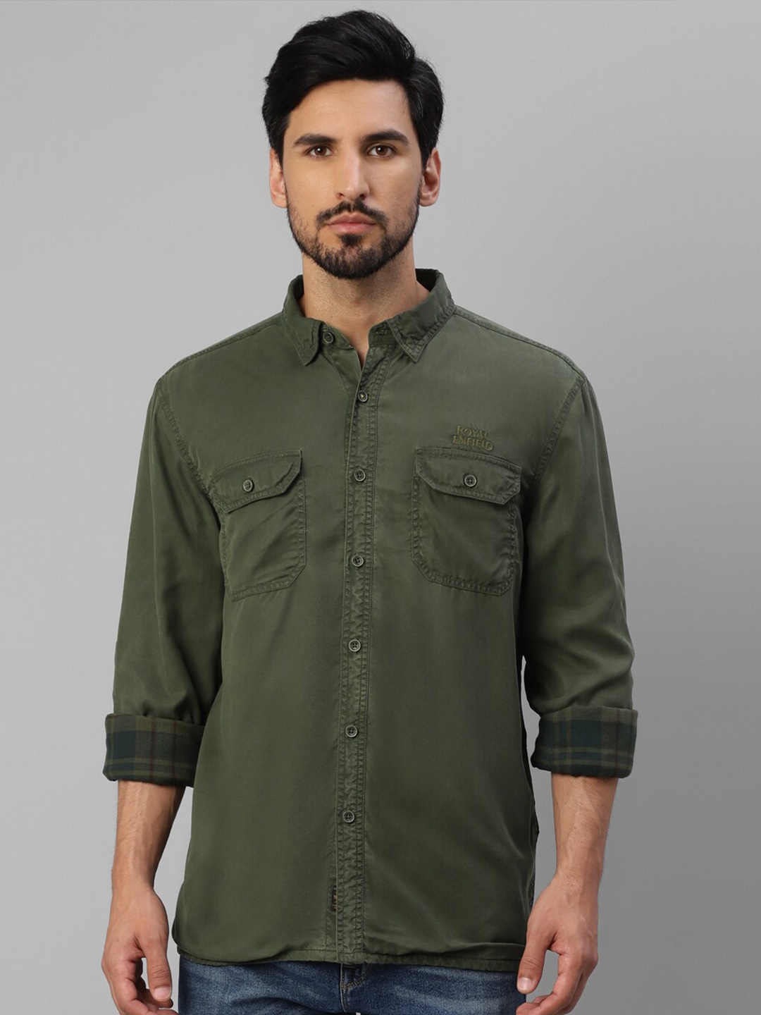 

Royal Enfield Spread Collar Long Sleeves Casual Shirt, Green