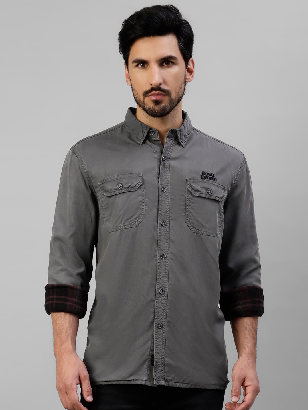 

Royal Enfield Spread Collar Long Sleeves Casual Shirt, Grey