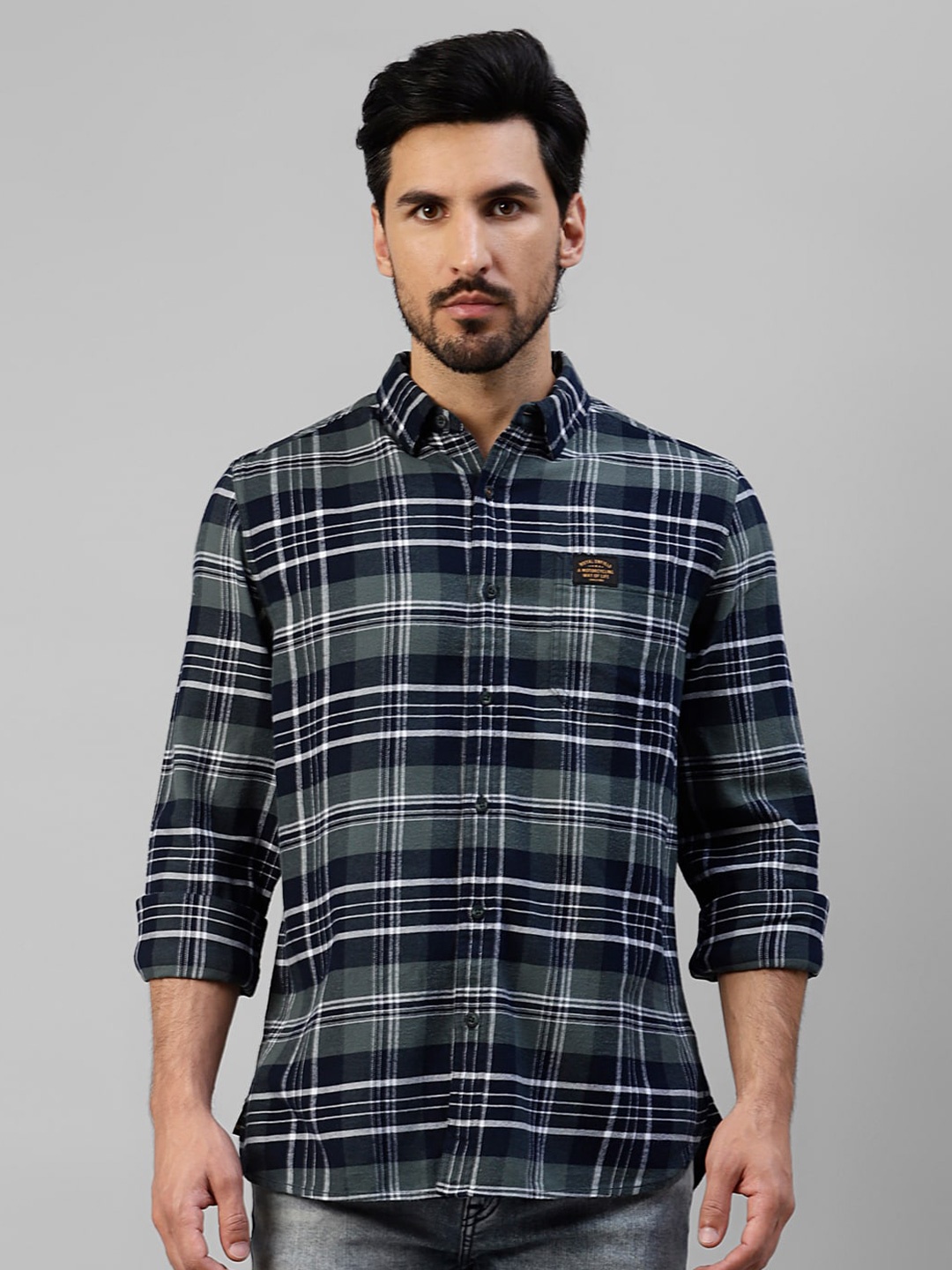 

Royal Enfield Tartan Checks Pure Cotton Casual Shirt, Navy blue