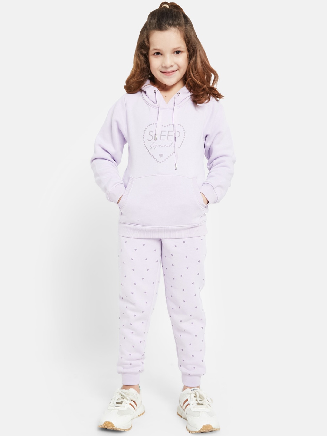 

METTLE Girls Typography Printed Hooded Fleece Tracksuit, Lavender