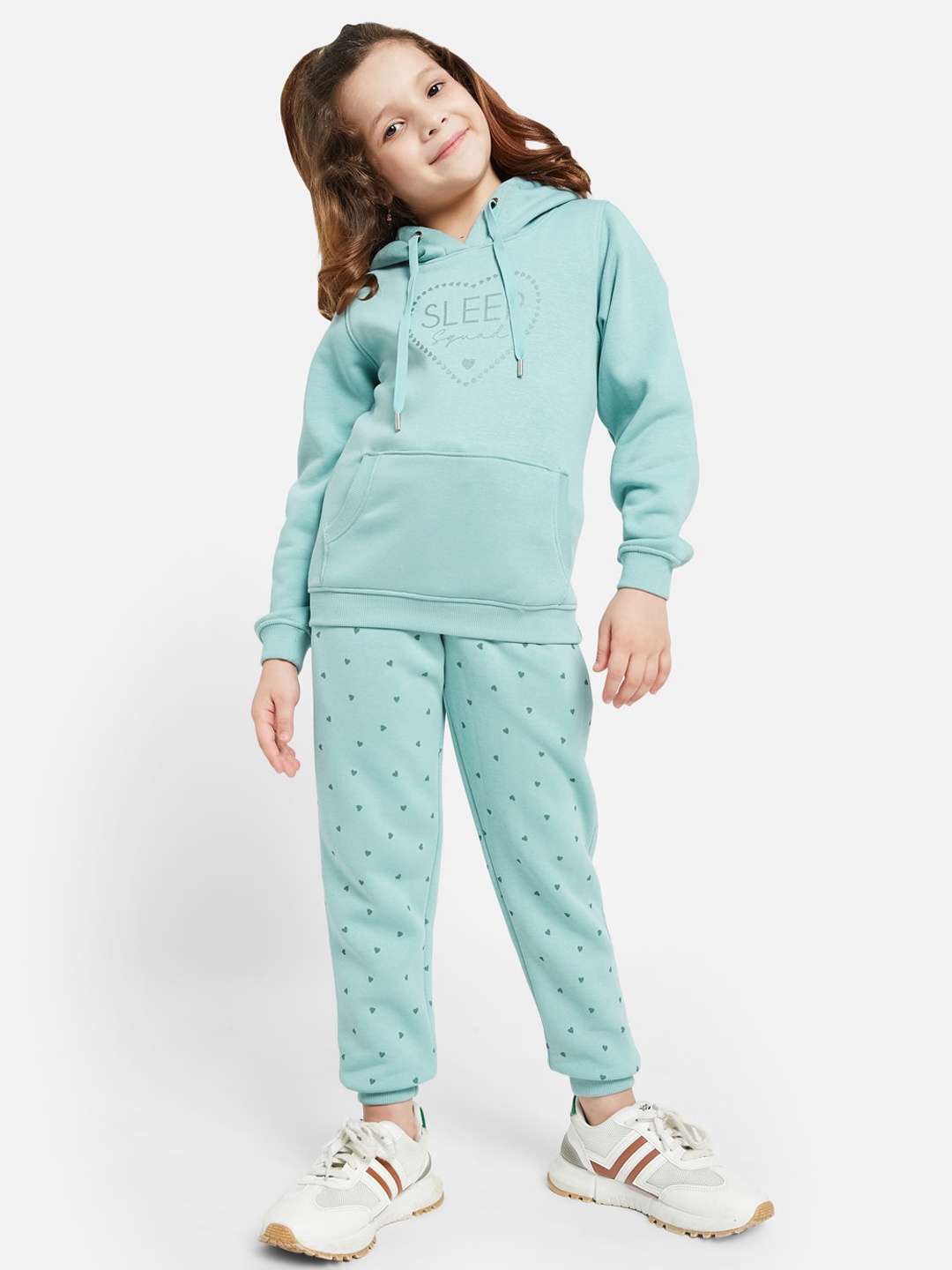 

METTLE Girls Typography Printed Hooded Fleece Tracksuit, Blue