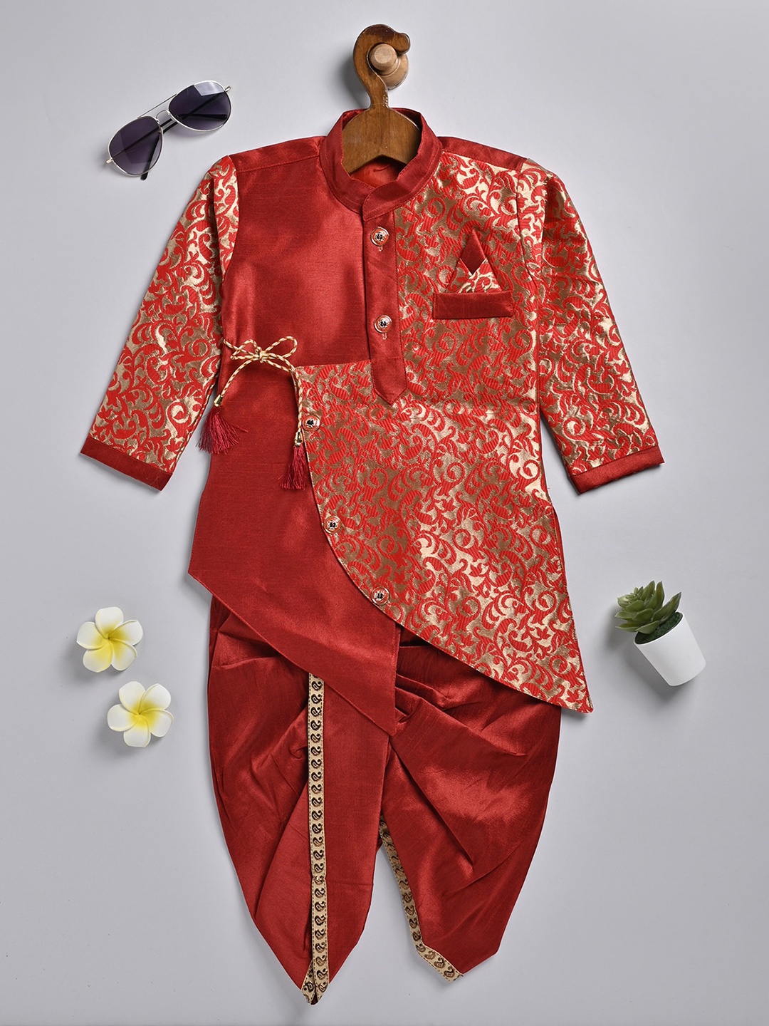 

SmartRAHO Boys Ethnic Motifs Regular Dupion Silk Kurta With Dhoti Pants, Maroon
