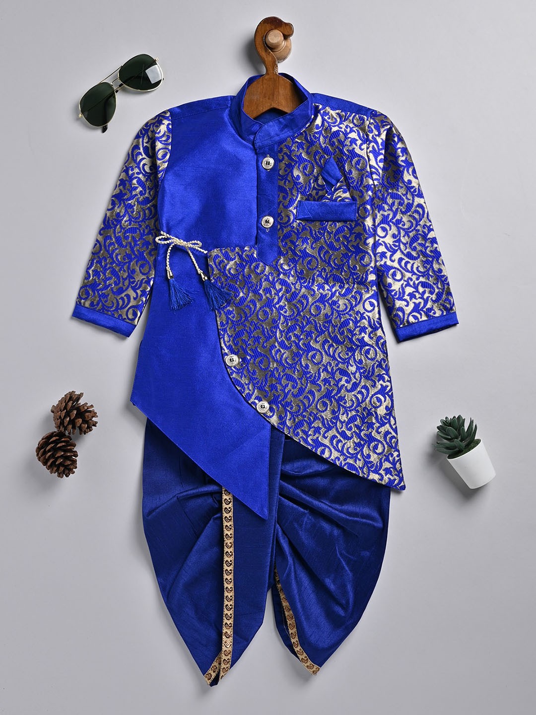 

SmartRAHO Boys Ethnic Motifs Regular Dupion Silk Kurta With Dhoti Pants, Blue