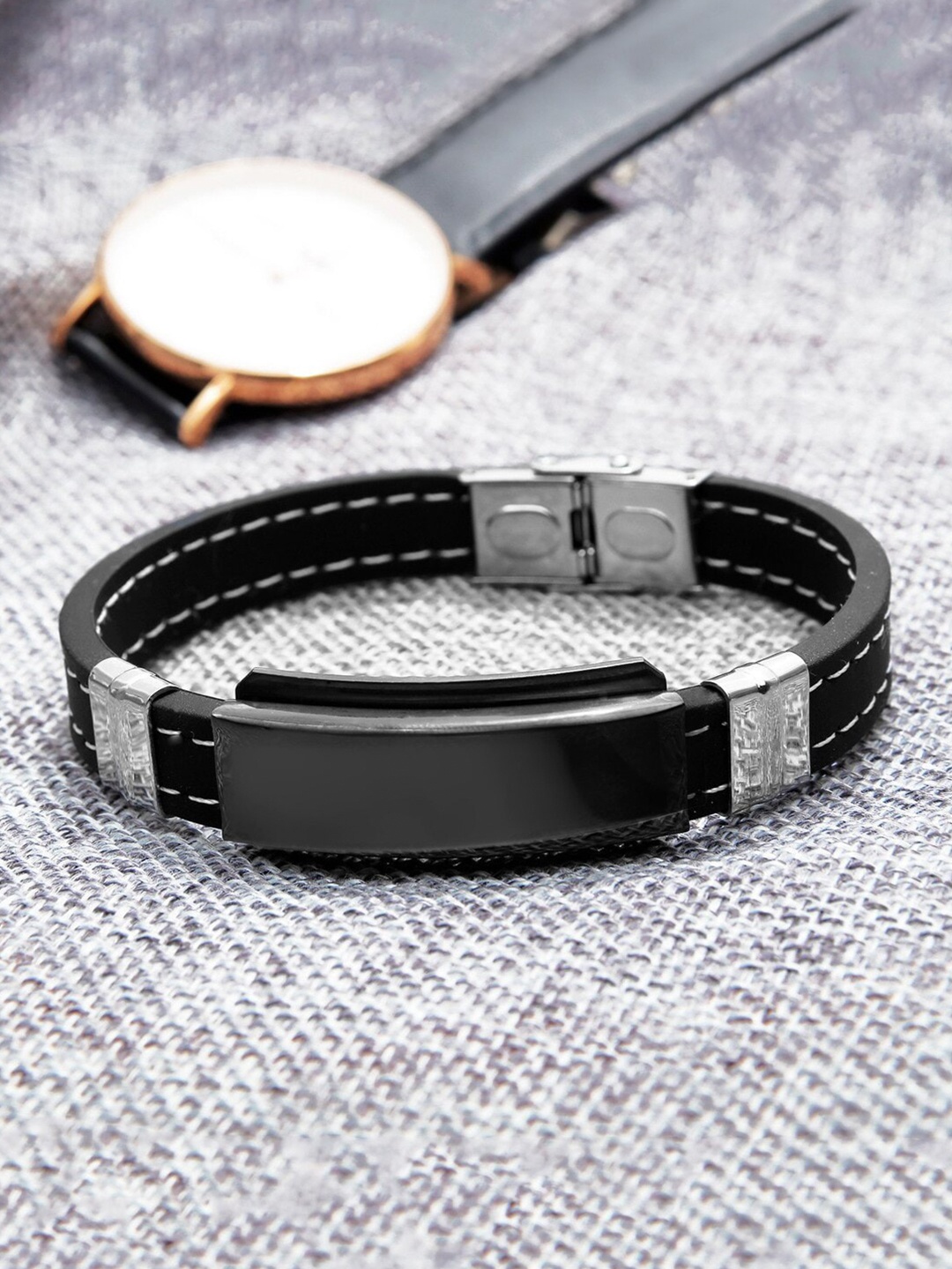 

WROGN Men Stainless Steel Silver-Plated Wraparound Bracelet, Black