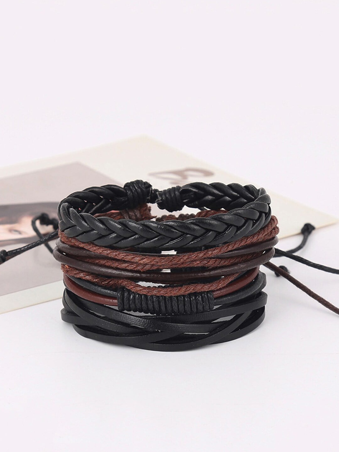 

WROGN Men Set Of 4 Leather Wraparound Bracelet, Brown