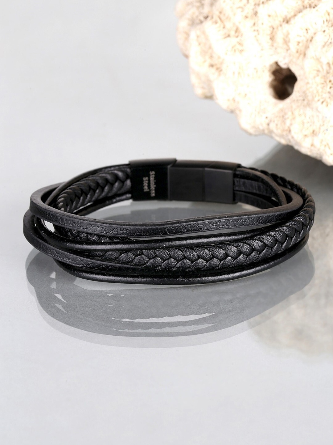 

WROGN Men Leather Wraparound Bracelet, Black