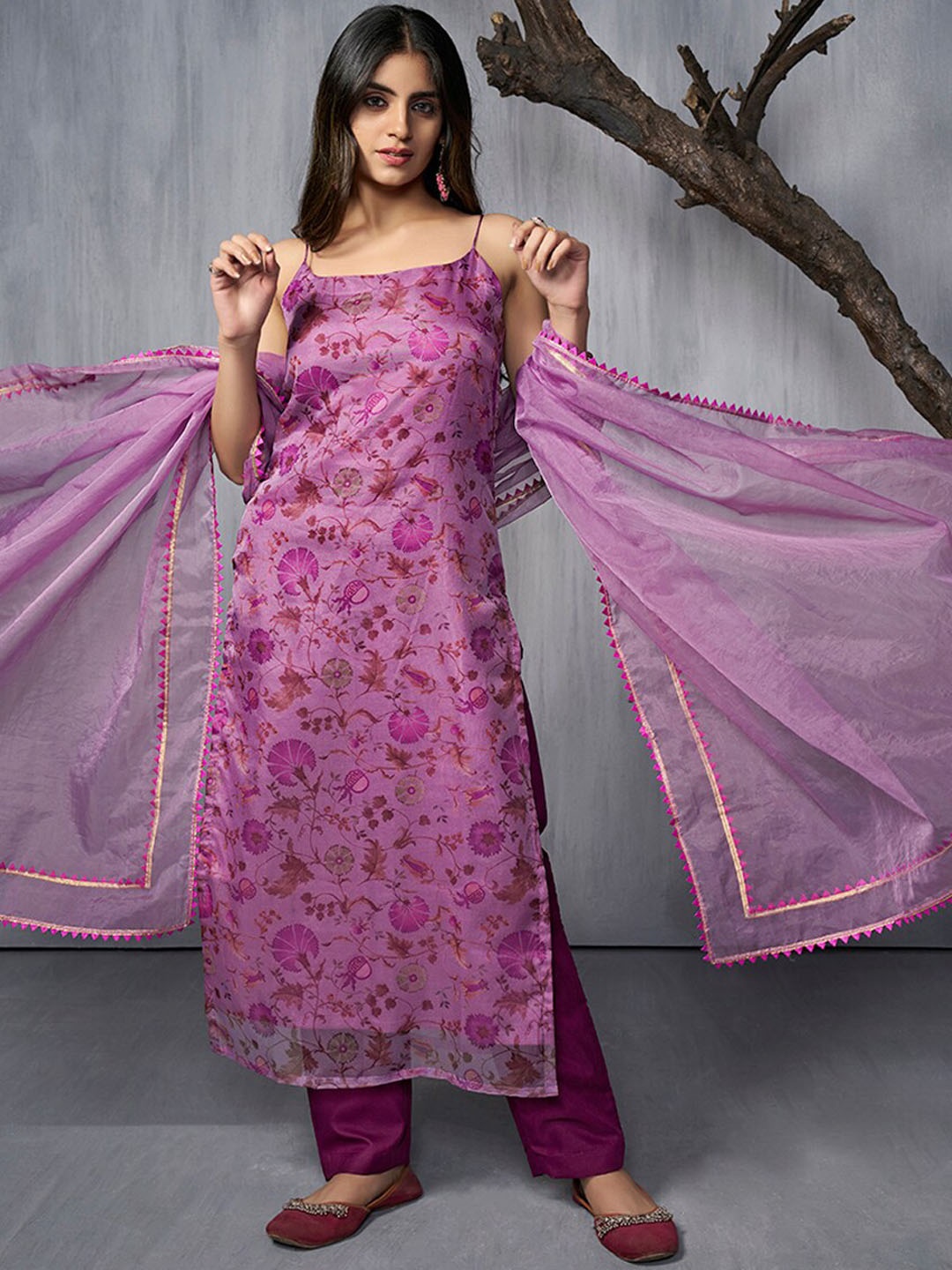 

Inddus Floral Printed Regular Gotta Patti Organza Kurta With Trousers & Dupatta, Purple