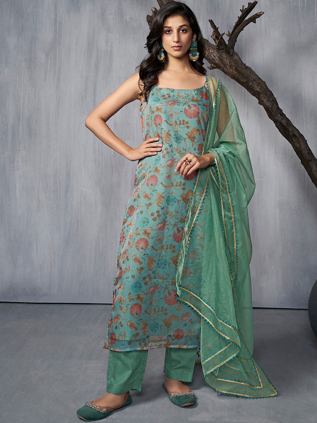 

Inddus Floral Printed Regular Gotta Patti Organza Kurta With Trousers & Dupatta, Sea green