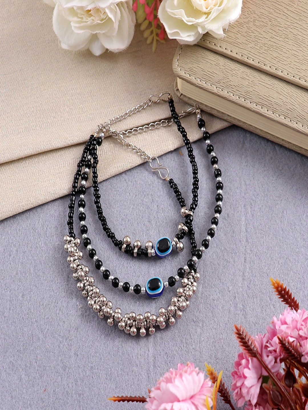 

UNIVERSITY TRENDZ Set Of 3 Silver-Plated Stone-Studded & Black Beaded Anklet