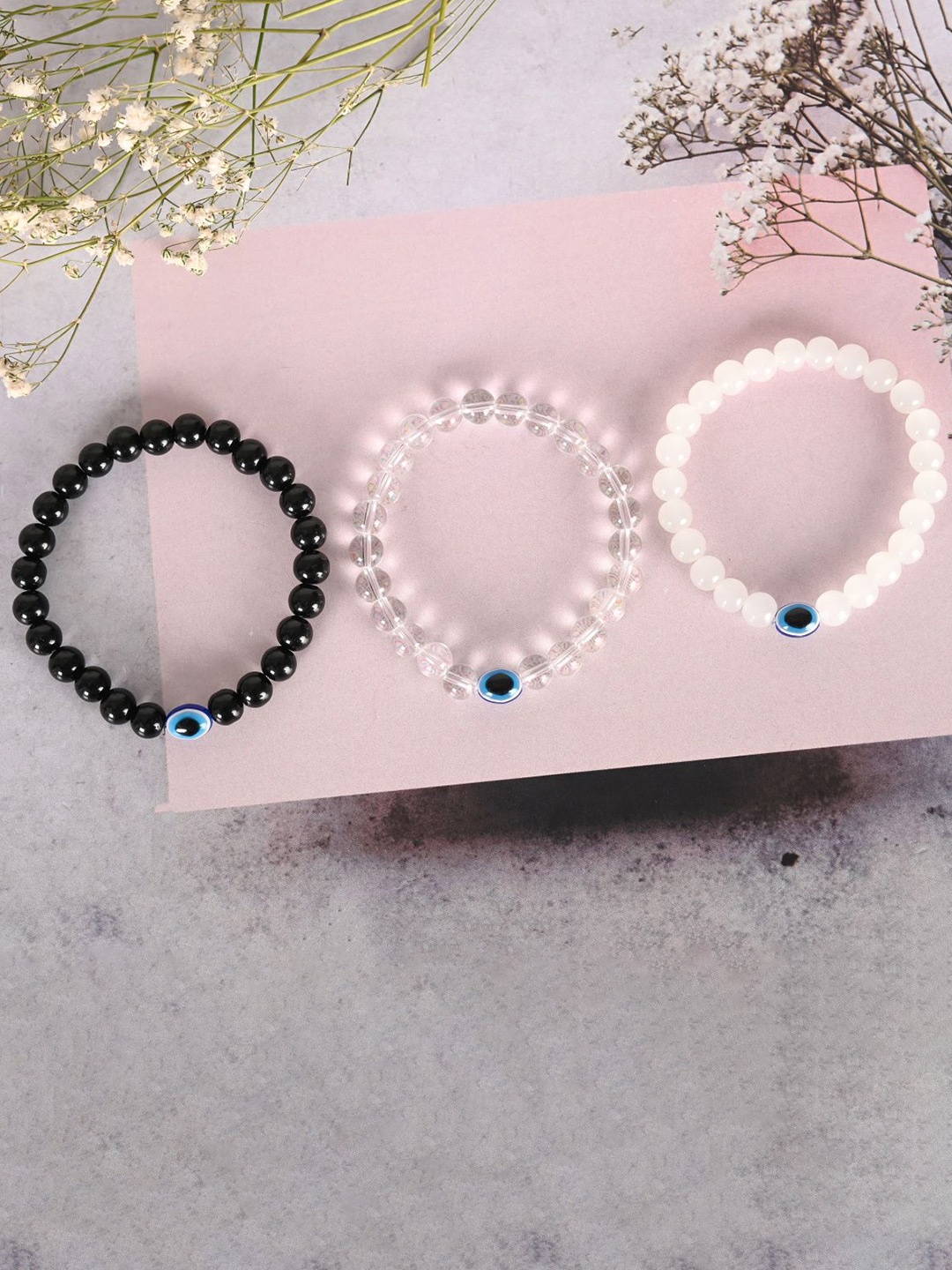 

NVR Unisex Set Of 3 Evil Eye Marble Crystal Beaded Elasticated Bracelet, White