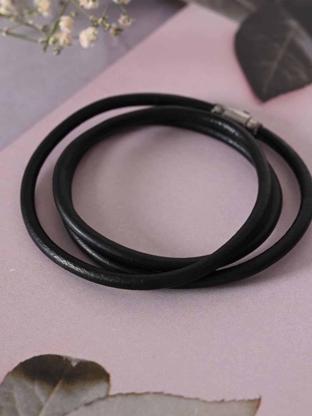 

NVR Men Black Leather Wraparound Bracelet