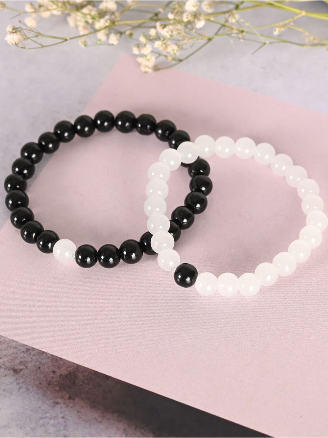 

NVR Unisex Set of 2 White & Black Marble Crystal Beaded Elasticated Bracelet