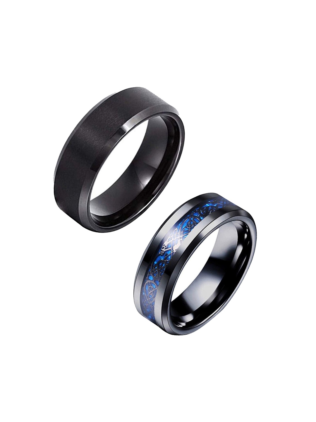 

WROGN Men Set of 2 Rhodium-Plated Stainless Steel Band Finger Rings, Black