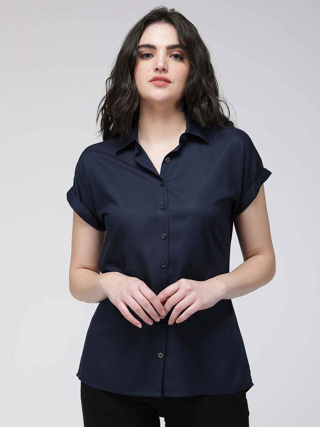 

IDK Extended Sleeves Spread Collar Shirt Style Top, Navy blue
