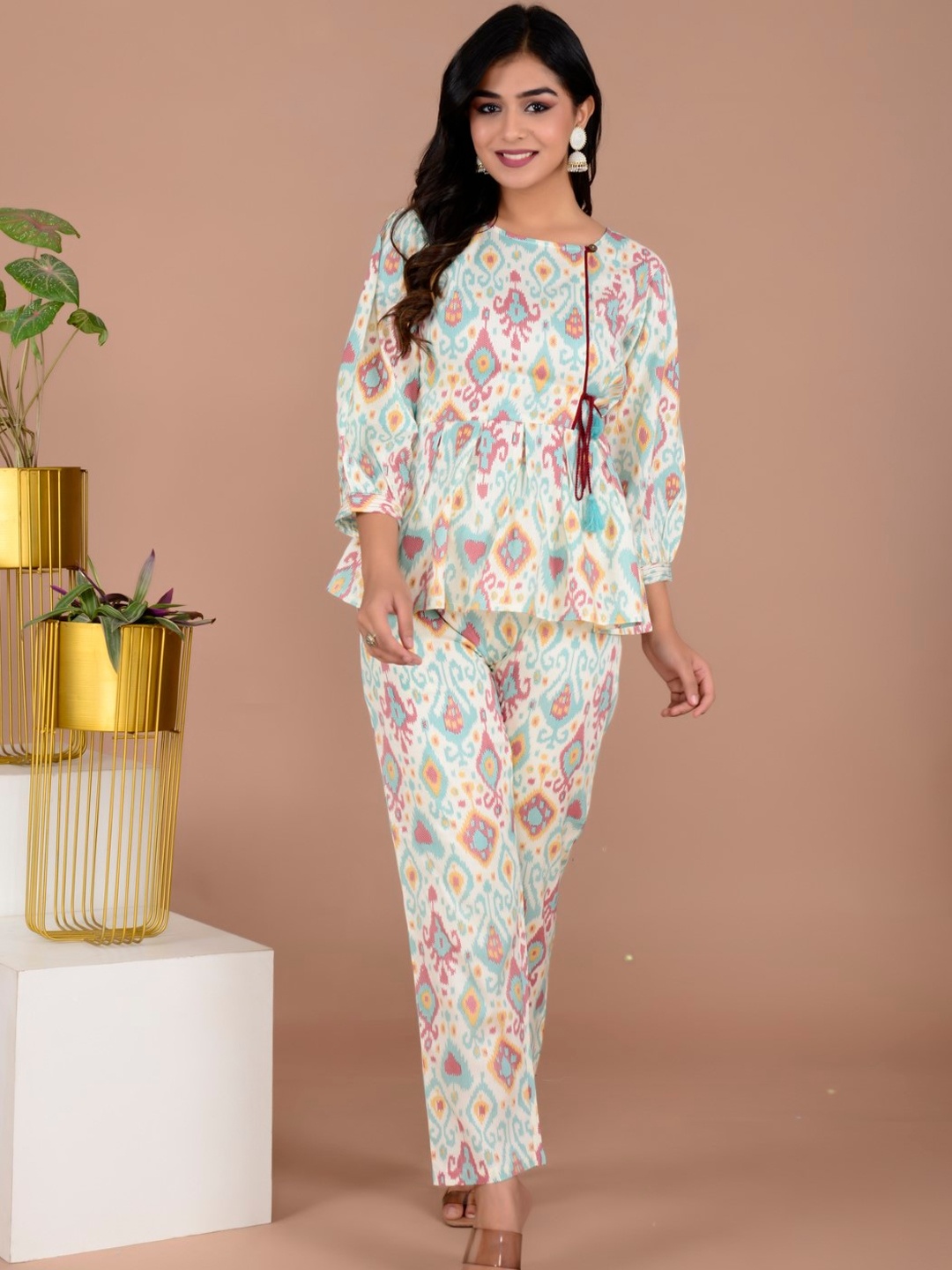 

WEAVERS SAGA Ethnic Motifs Printed Peplum Pure Cotton Top With Trousers, Blue