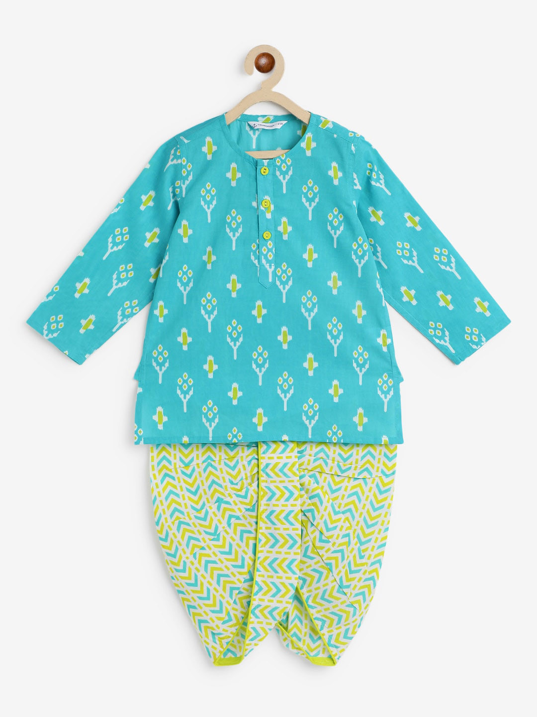 

Campana Boys Ethnic Motifs Printed Pure Cotton Straight Kurta with Dhoti Pants, Turquoise blue