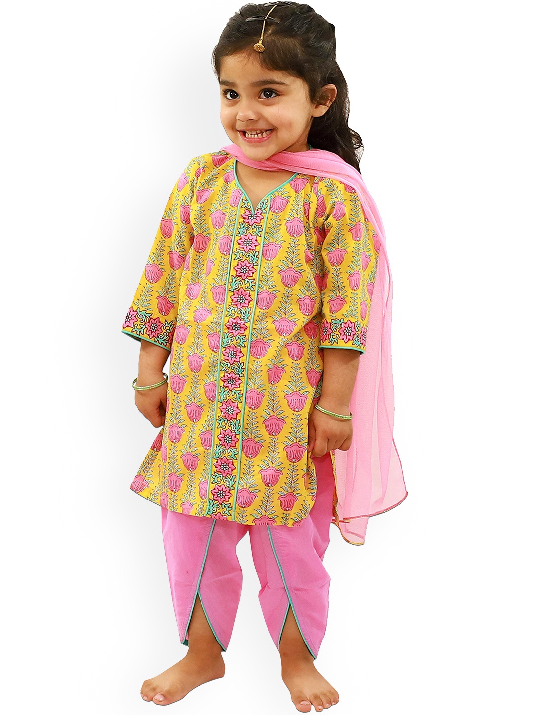 

Campana Girls Ethnic Motifs Printed Regular Pure Cotton Kurta with Dhoti Pants & Dupatta, Yellow