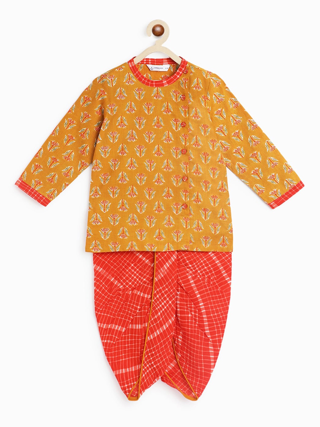 

Campana Boys Ethnic Motifs Printed Pure Cotton Kurta With Dhoti Pants, Mustard