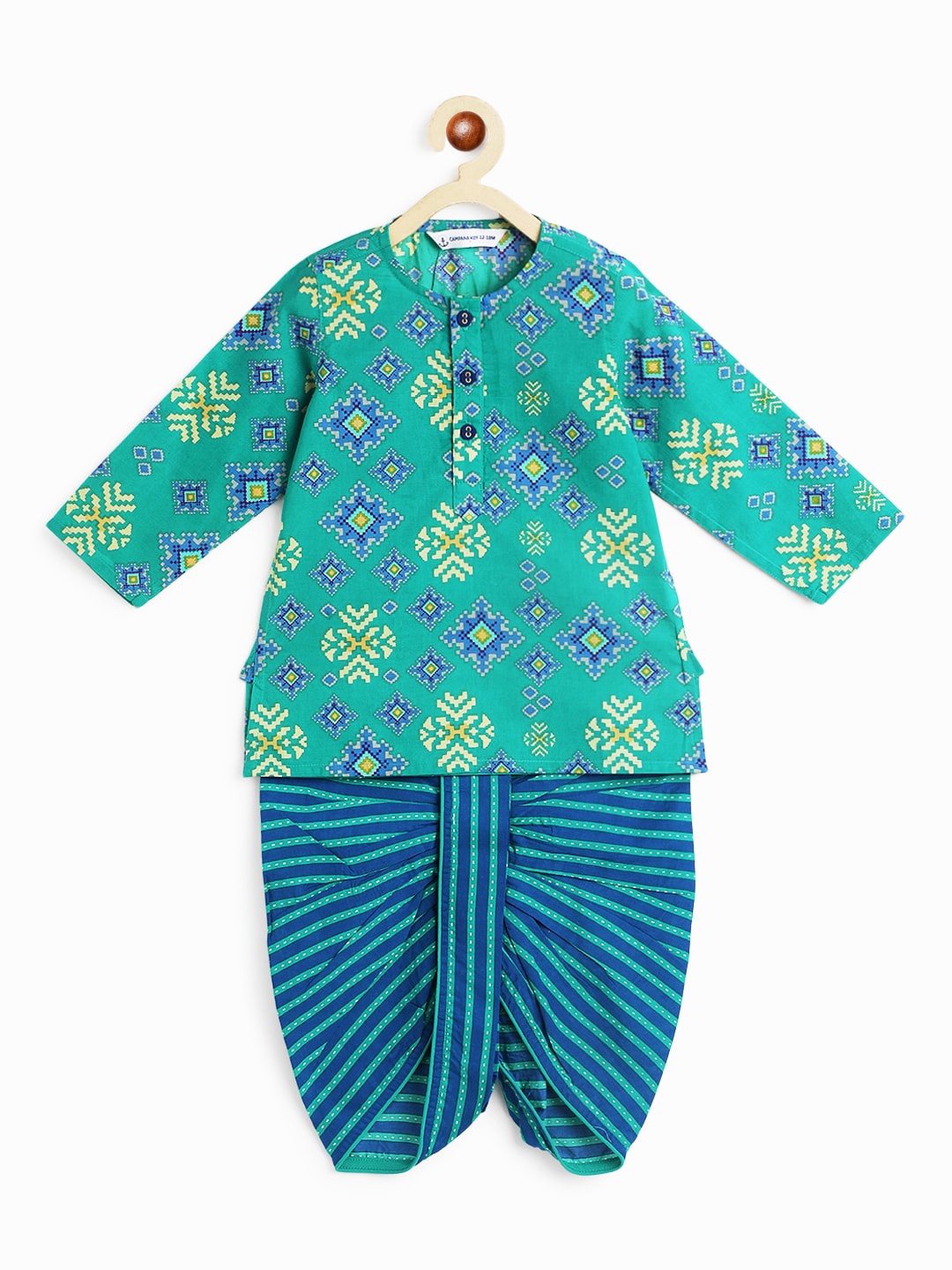 

Campana Boys Ethnic Motifs Printed Pure Cotton Kurta with Dhoti Pants, Sea green