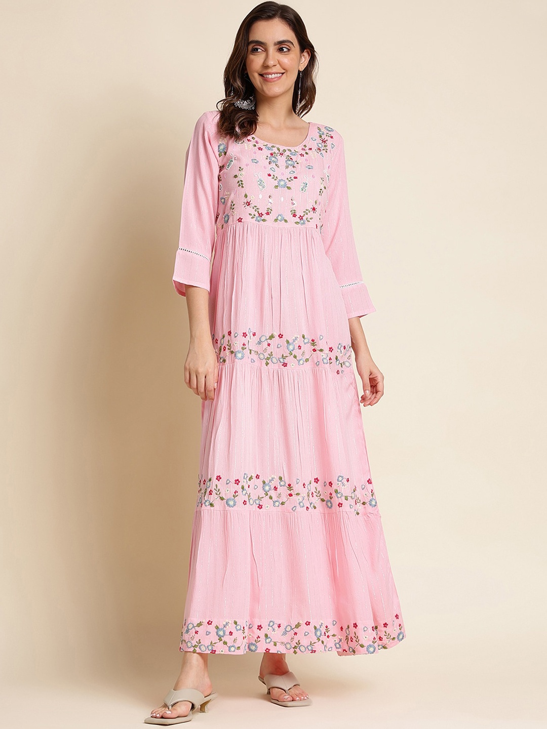 

Sangria Floral Embroidered Tiered Cotton Fit & Flare Maxi Ethnic Dresses, Pink