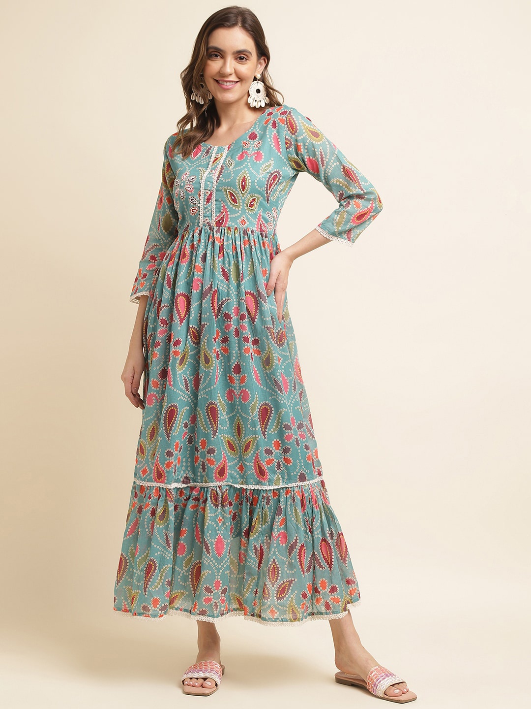 

Sangria Floral Printed Embellished Cotton Fit & Flare Ethnic Midi Dress, Green