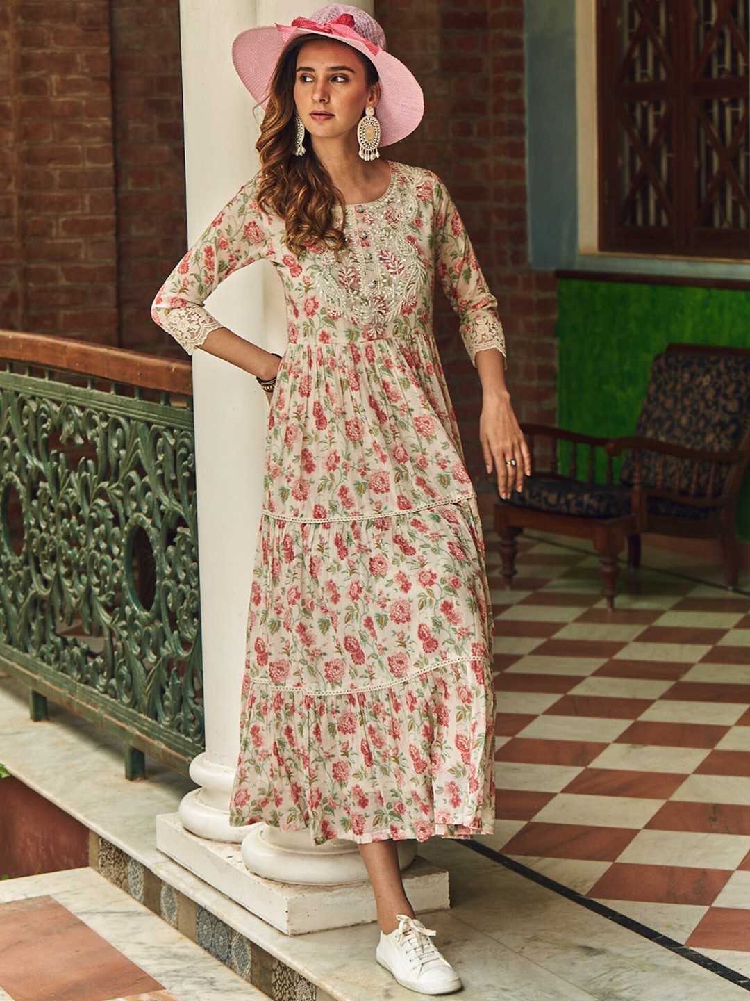 

Sangria Floral Printed Embroidered Cotton Fit & Flare Ethnic Midi Dress, Off white