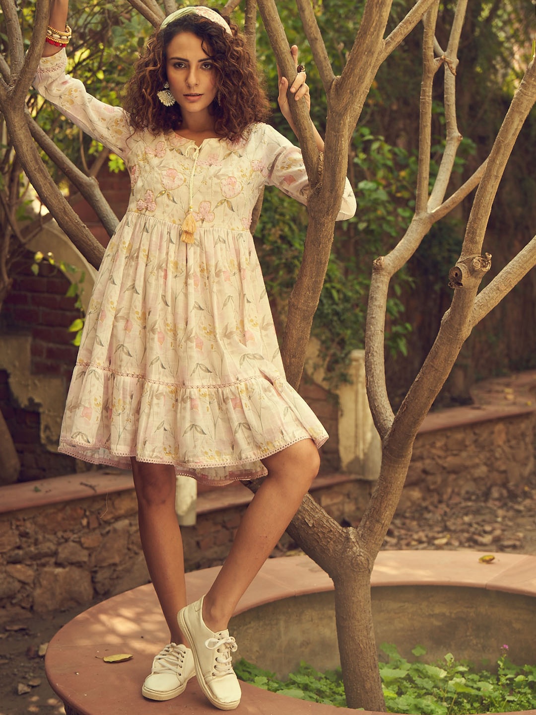 

Sangria Floral Printed Embellished Fit & Flare Ethnic Dress, Off white