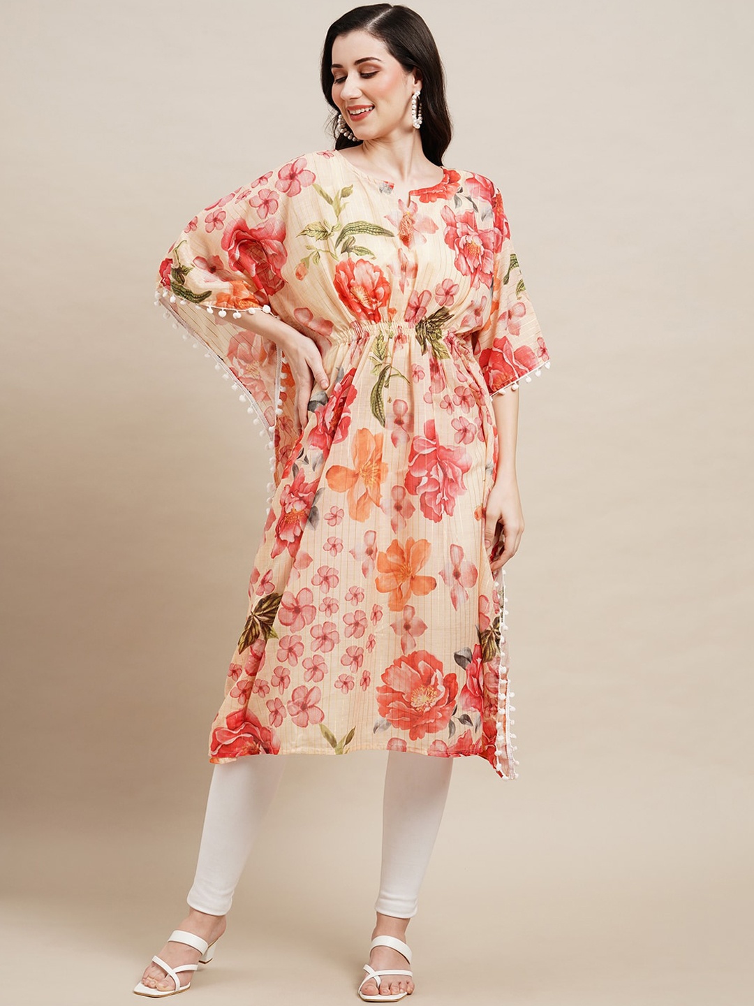 

Sangria Floral Printed Kimono Sleeve Cotton Kaftan Kurta, Beige