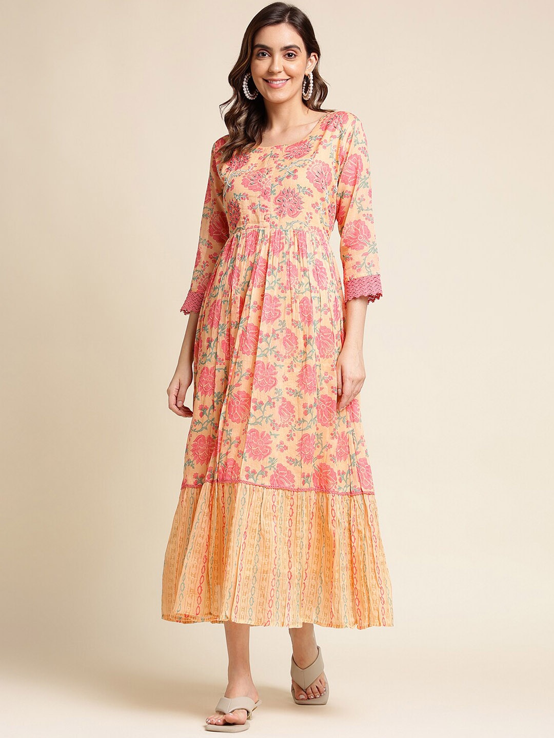 

Sangria Floral Printed Embellished Cotton Fit & Flare Ethnic Dress, Orange