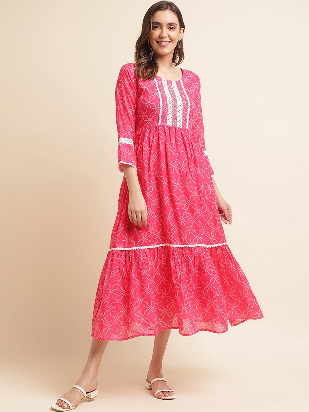 

Sangria Bandhani Printed Lace Inserts Cotton A-Line Ethnic Dress, Pink
