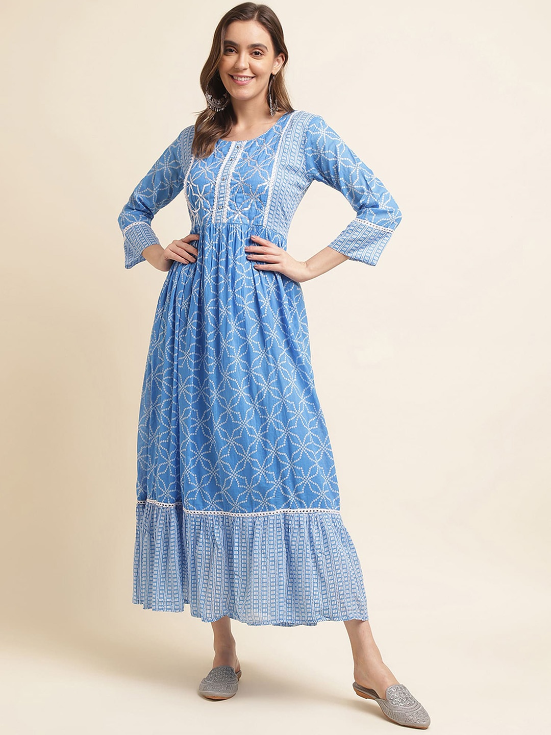 

Sangria Geometric Printed Cotton Fit & Flare Ethnic Dress, Blue