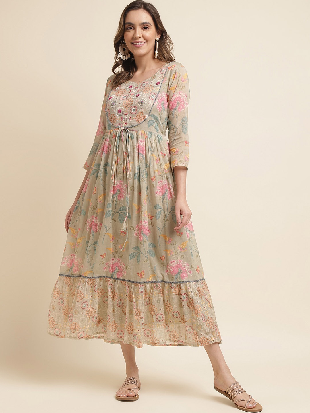 

Sangria Ethnic Motifs Printed Embroidered Empire Ethnic Dress, Taupe