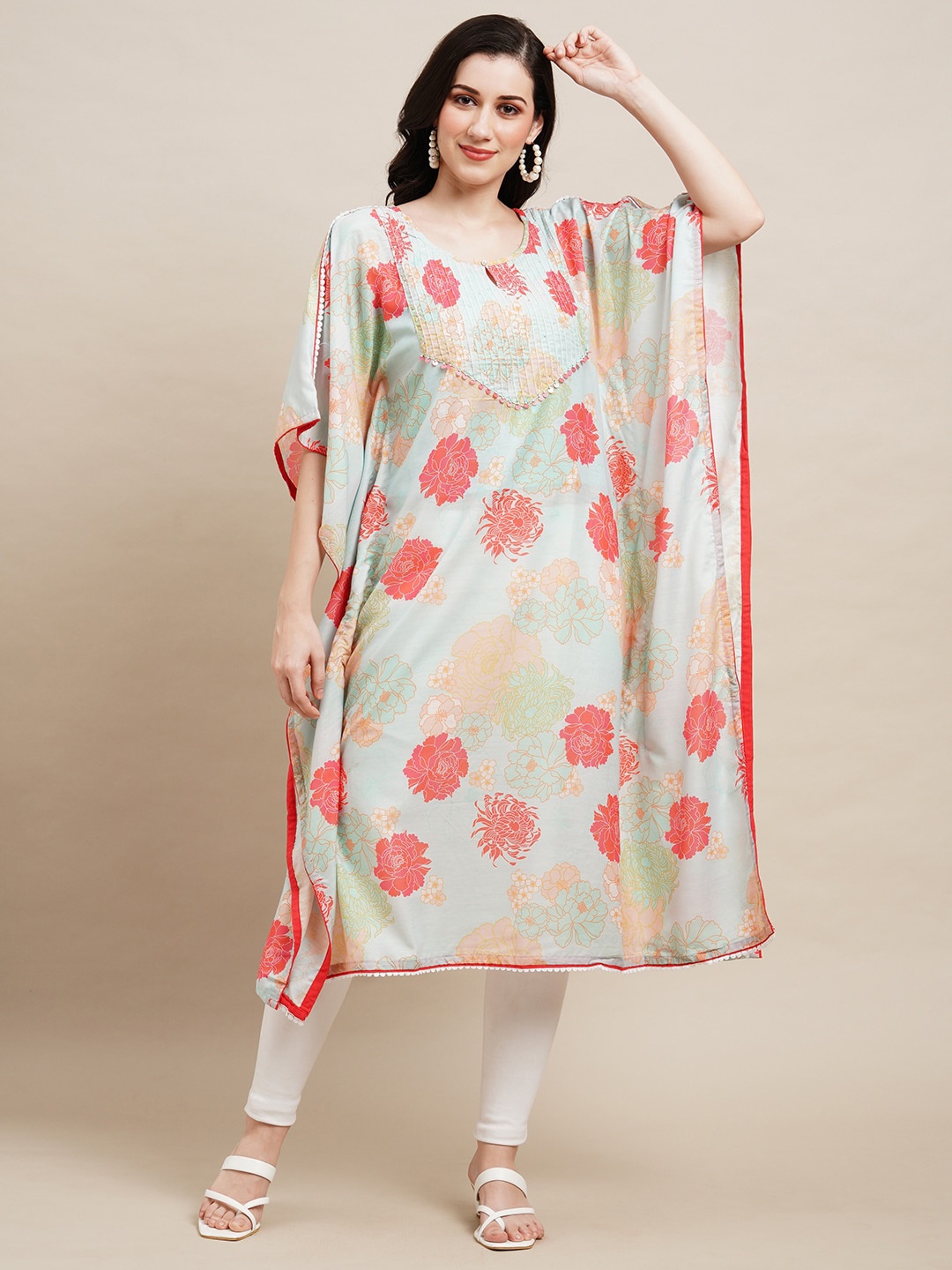 

Sangria Floral Printed Kaftan Ethnic Dress, Green